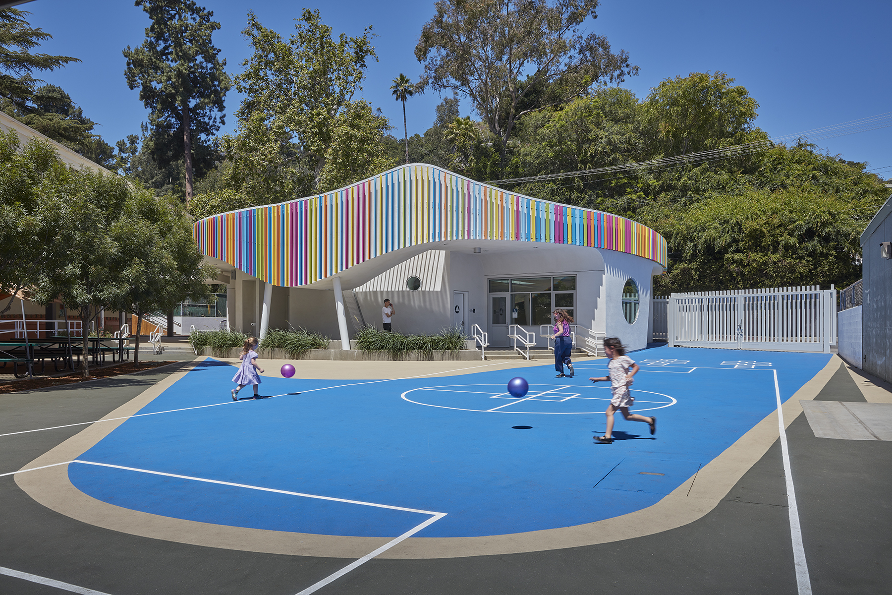 Elementary school with mult-colored facade.