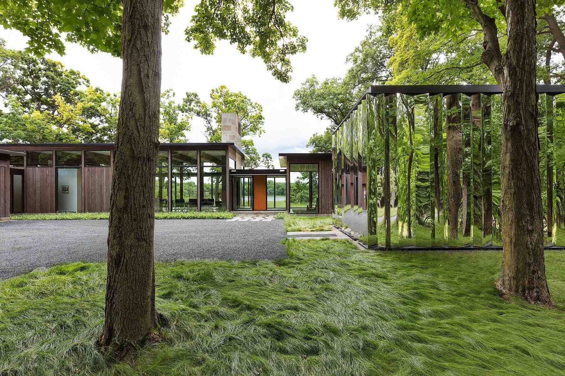 A calm modern home tucked into a Minnesota forest with views over a wetland and lake.