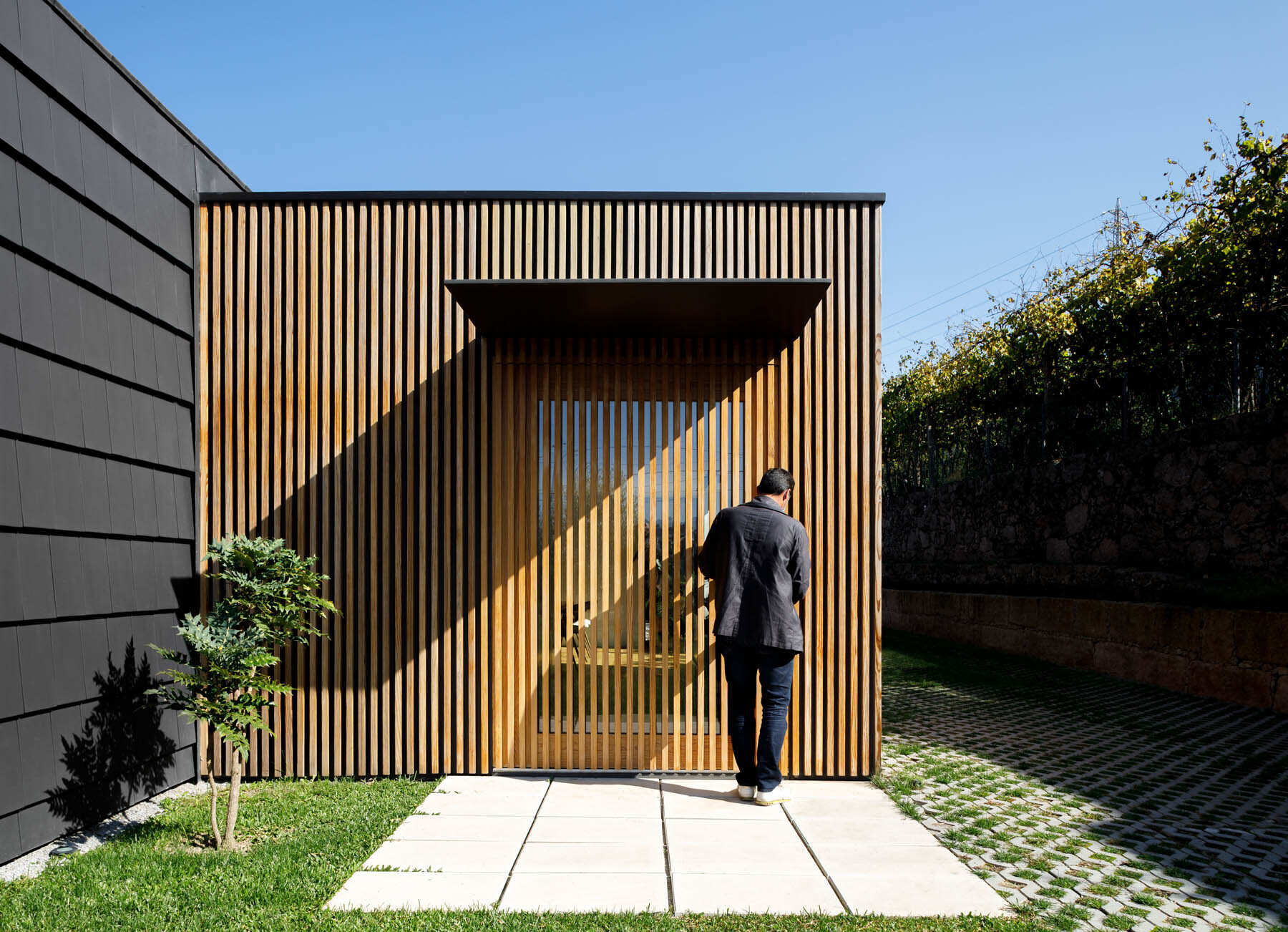 Wood slats wraps sections of the exterior of this home, creating a clean facade that shifts between solid and open as you move around it.